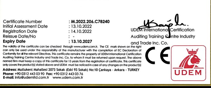 Certificate number M.2022.206.C78240, assessment and registration dates, expiry date 13.10.2027, signature and CE mark with UDEM logo