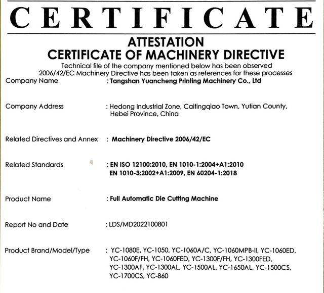CE certificate of machinery directive M.2022.206.C78240 issued to Tangshan Yuancheng Printing Machinery Co., Ltd for automatic die cutting machines